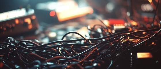 A tangled array of audio cables on stage, illuminated by warm glows, suggests the bustling energy of a live performance or studio session.