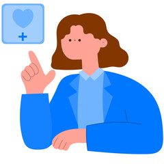 female doctor pointing at medical icons, digital healthcare flat vector illustration