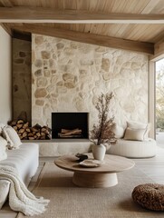 A cozy living room with stone fireplace and wooden details