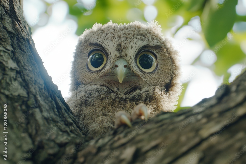 Poster young owl perched on a tree branch during daylight, showing its curious eyes and soft feathers in a 