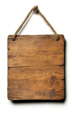 Fototapeta premium Wooden sign hanging from rope in a minimalistic setting against a clean white background