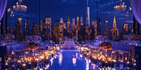Obraz premium Elegant wedding reception setup with glittering cityscape background