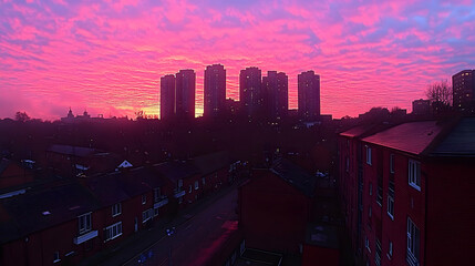 Pink sunrise over city skyline, residential area, winter.  Use  cityscape, weather, nature photography