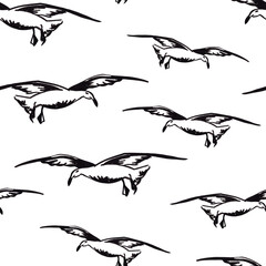 Seamless pattern with black seagulls in graphic style on a white background