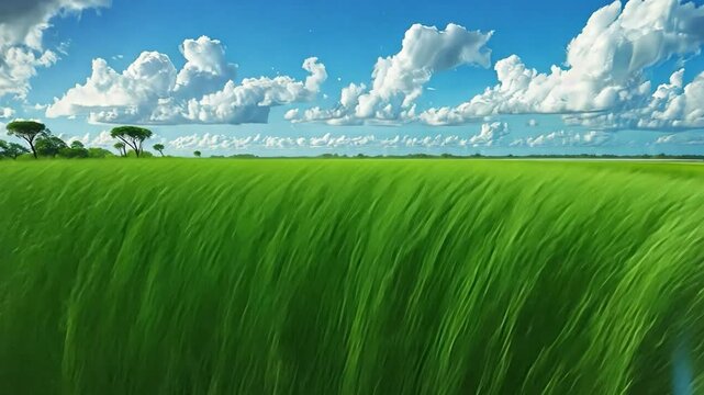 Vibrant green grass field under a bright blue sky with fluffy white clouds.
