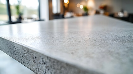 Polished concrete countertop in modern kitchen; blurred background