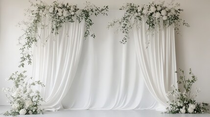 Elegant white floral arrangement with sheer backdrop photography