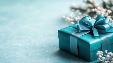 This image showcases a beautifully wrapped blue gift box adorned with a large ribbon, set against a soft-colored background, ideal for seasonal celebrations and gifting.