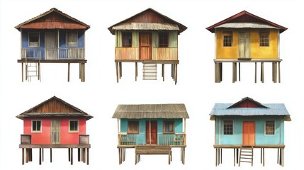 Obraz premium Colorful wooden houses on stilts showcasing unique architectural styles of coastal village