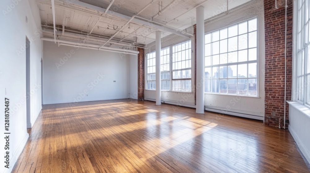 Aufkleber spacious room features expansive white walls and rich wooden floors. sunlight floods in through larg