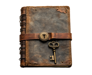 Vintage Leather Journal With Lock And Key, Isolated PNG On Transparent Background