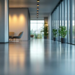 Obraz premium Serene office corridor with natural light and potted plants creating a calming and productive workspace atmosphere modern design