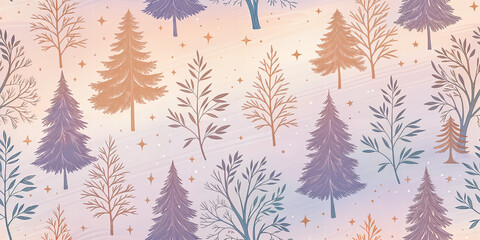 Fototapeta premium Seamless Forest Pattern with Elegant Trees and Stars