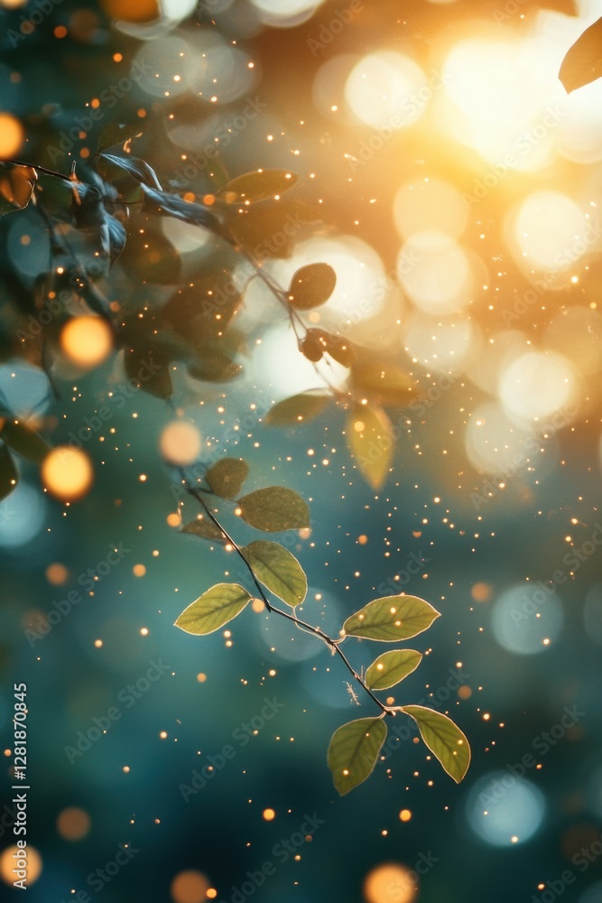 Aufkleber enchanting sunlight filtering through verdant leaves creating luminous bokeh and sparkling dust mote