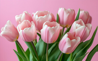 Naklejka premium Blush of Spring: A bouquet of pink tulips elegantly arranged against a pastel pink background, radiating warmth and joy