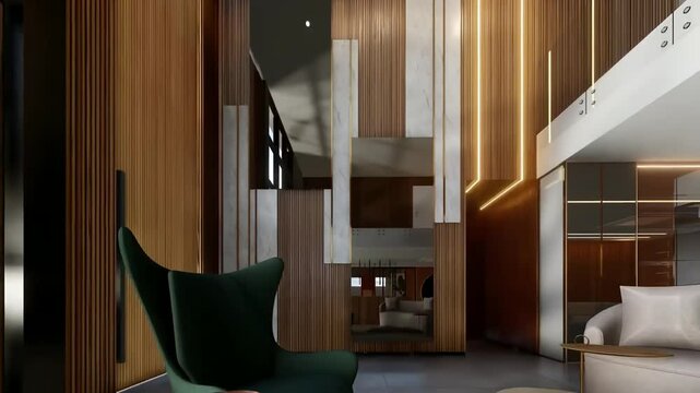 Luxurious apartment interior design 3d visualization. Modern architectural design walkthrough animation. Architectural design motion graphic 3d rendering. 