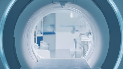 Fototapeta premium Modern Medical MRI Scanner Machine Empty Table Hospital Diagnostic Equipment Professional Healthcare Technology