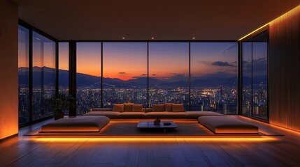 Fototapeta premium A large living room with floor-to-ceiling windows overlooking the city, a minimalist-style sofa and coffee table in front of it, a warm lighting atmosphere