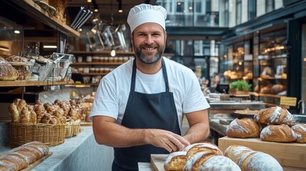 Friendly baker preparing fresh artisanal bread in a cozy bakery during the morning hours