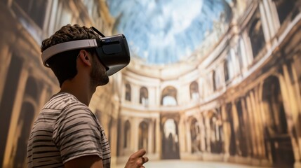 Man experiencing virtual reality, exploring ancient architecture.