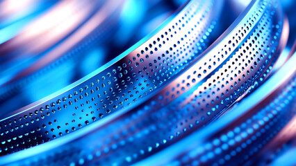 Abstract Design of Intertwined Perforated Metal Ribbons in Vibrant Blue Tones Background, Copy space 