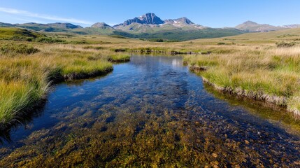 Mountain stream through alpine meadow.  Possible use Stock photo for nature, travel, tourism