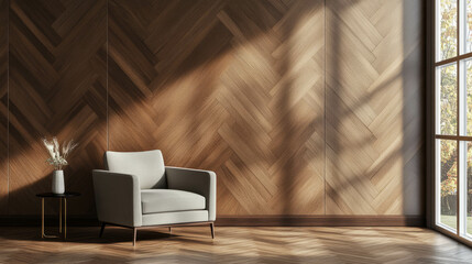 Fototapeta premium Modern interior design with hardwood wall and herringbone pattern featuring cozy armchair and sunlit ambiance
