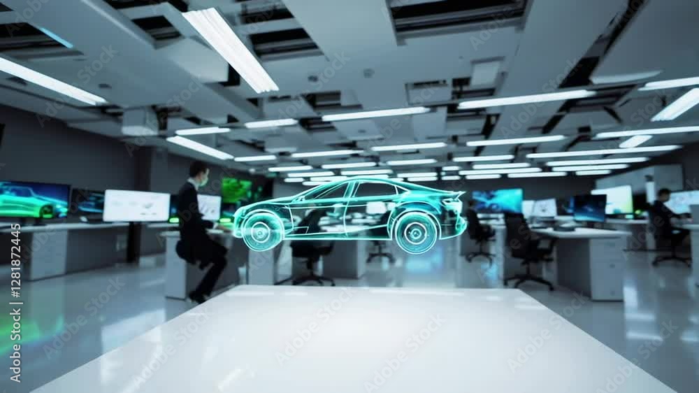 Poster Professional automotive engineers collaborating on electric vehicle design, using augmented reality holographic projection for innovative prototype development in modern high tech workplace