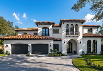 Fototapeta premium A photo of a large, modern home in Florida with white stucco and black accents