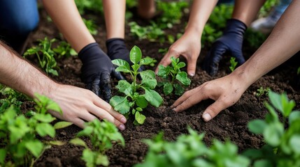 Hands, planting and community project in nature, park and garden for sustainable environment. Teamwork, climate change and working volunteers with flower, growth and green ecology for earth day