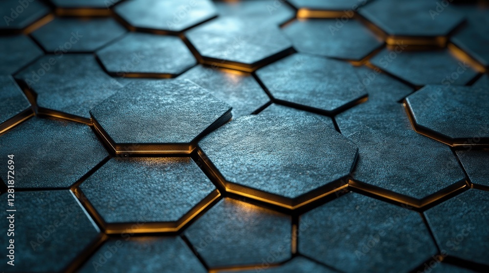 Aufkleber close-up of hexagonal tiles with glowing edges, showcasing a textured surface in a dark environment
