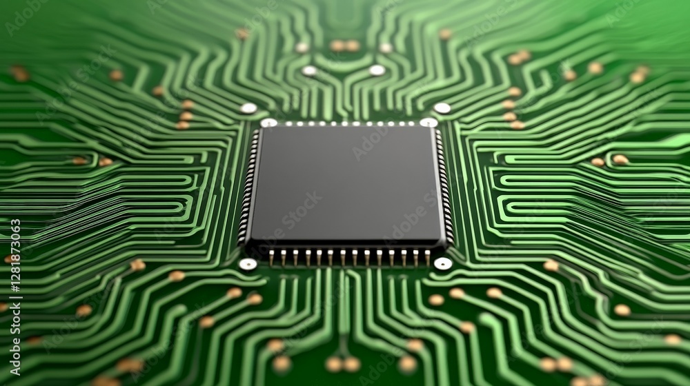 Poster close-up of microchip on circuit board with green background