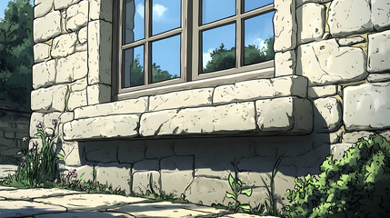 Stone house window, garden view, sunny day, architectural detail, website design