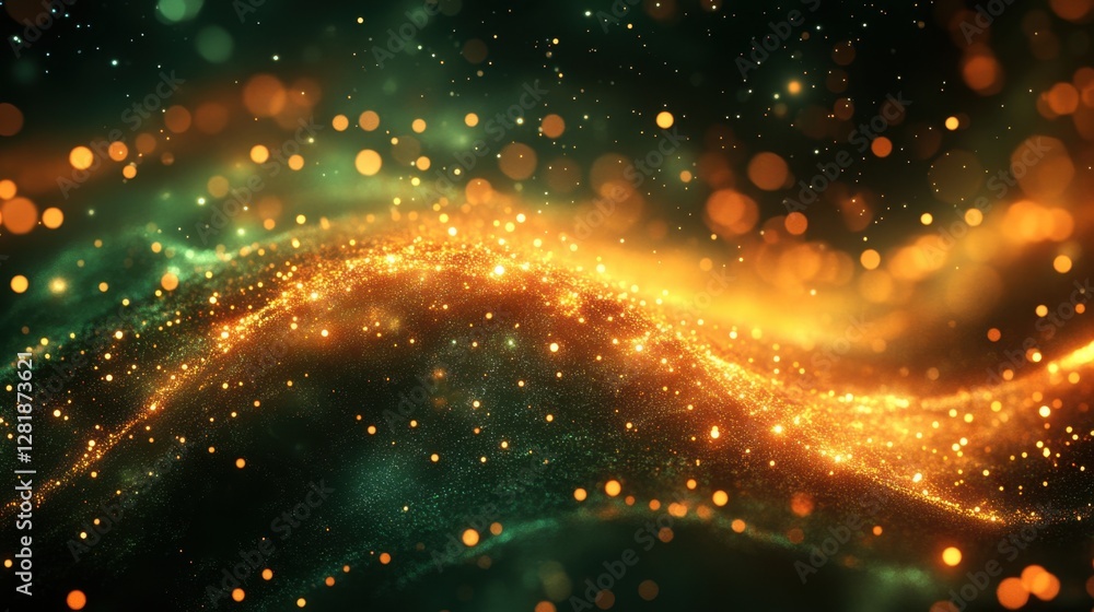 Poster luminous golden particles flowing through emerald green mist creating a dreamy abstract background