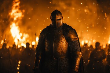 Fototapeta premium Knight in shining armor stands amidst a fiery battlefield at dusk as soldiers prepare for the impending clash