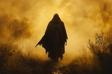 Mysterious figure walking through a foggy landscape at dusk revealing an enigmatic atmosphere
