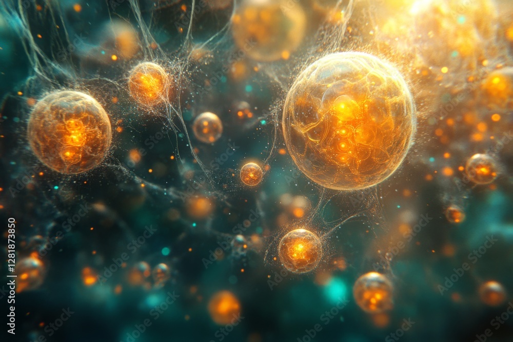 Poster exploring the microscopic world of vibrant cells and structures in a dynamic display of life