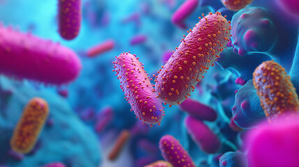 Naklejka premium Pink Rod-Shaped Bacteria on Blue Cellular Background, Digital Illustration