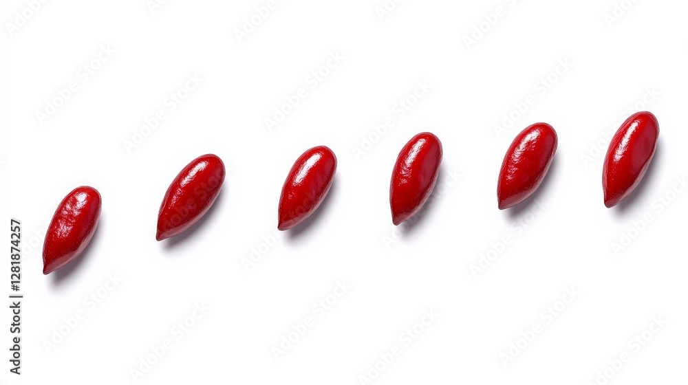 Poster smooth red drops arranged in a line on white background