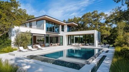 Fototapeta premium A modern luxurious two-story house with a sleek white exterior and large glass windows that allow natural light to flood the interior. 