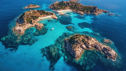 A remote archipelago of small islands surrounded by crystal-clear turquoise water.