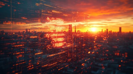 Cityscape sunset digital data overlay