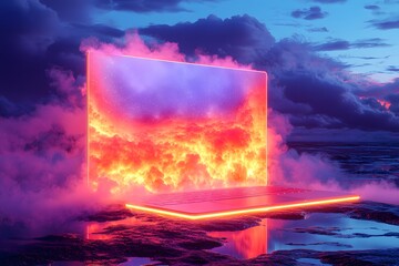 Surreal Neon Laptop Displaying Fiery Cloudscape at Dusk Digital Art Fantasy Technology