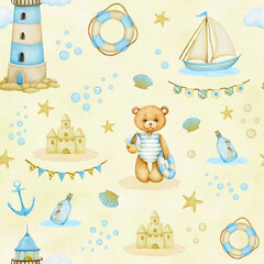 Nautical seamless pattern with lighthouse, lifebuoy, letter in a bottle, starfish, shells, teddy bear. Great for textile, wallpaper, fabric, wraping
