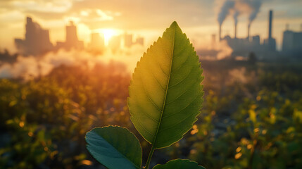 Obraz premium Sunset cityscape, leaf, industrial pollution, environmental contrast, sustainability concept