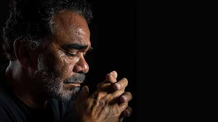 Crying Hispanic man praying on a black studio background, evoking a sense of spirituality, reflection, and inner calm. Concept of faith, mindfulness, and personal connection. Copy paste