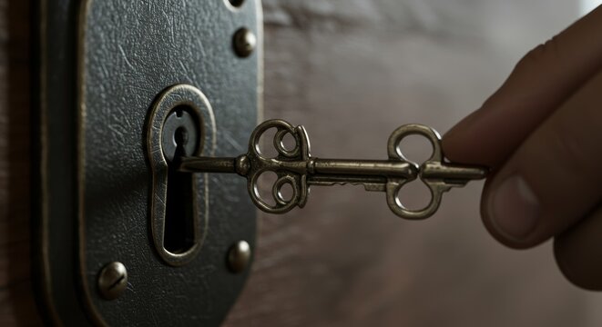 Intricate antique key poised to unlock an aged, darkened lock mechanism