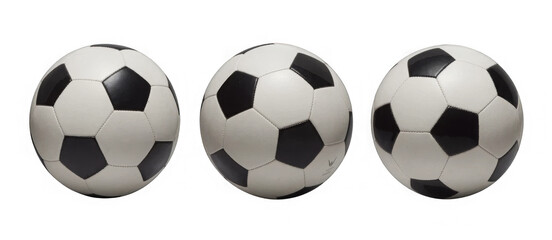 Three soccer balls are aligned in a row, displayed against a white background. The image features a closeup view of the balls, showcasing their details. 3D Rendering