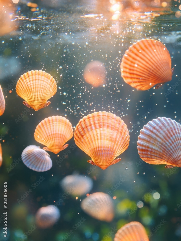 Aufkleber ethereal underwater scene of floating scallop shells bathed in golden sunlight creating a serene and
