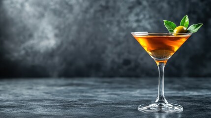 An artistic portrayal of a martini cocktail featuring an olive and green leaves, conveying a sense of freshness and allure, perfect for upscale gatherings and events.